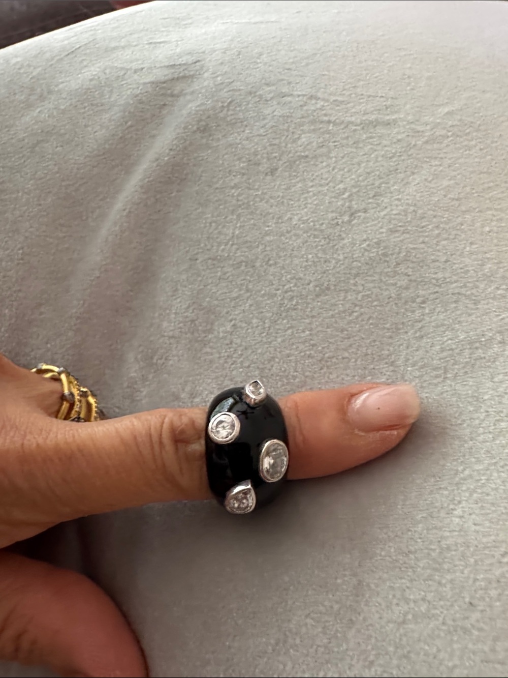Black Dome Ring with Clear Crystal Accents - Women Jewelry